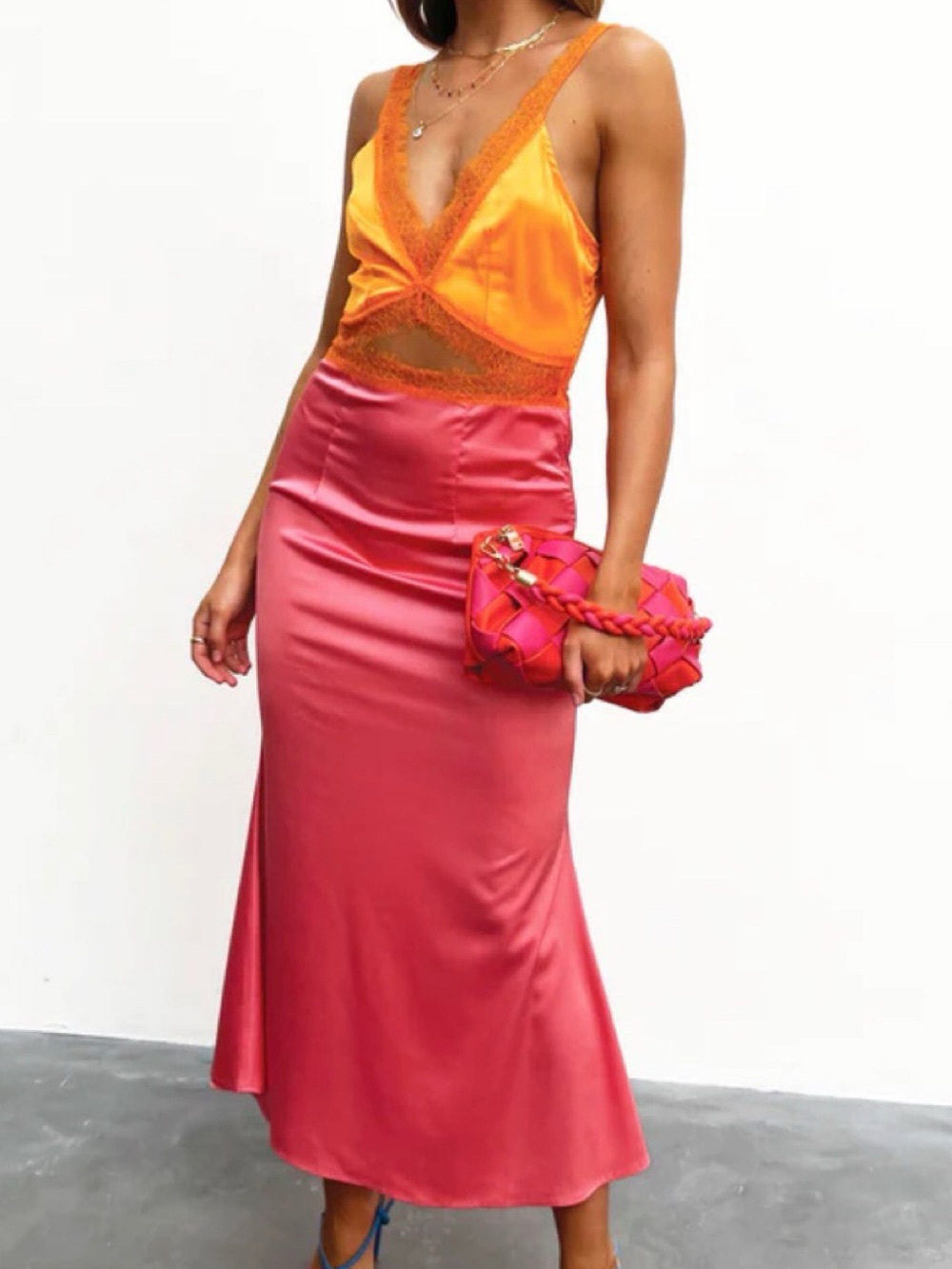 Never Fully Dressed Coral Pink Satin Bias Maxi Skirt